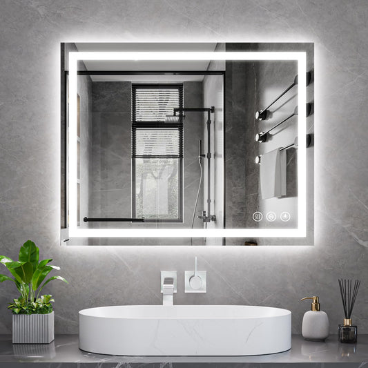 Koonmi 32x40 LED Bathroom Mirror Backlit + Front Lit LED Bathroom Mirror with Lights for Wall 3 Colors Anti-Fog Dimmable Brightness Memory Function Tempered Glass