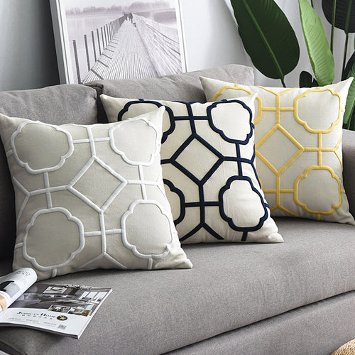 Modern Geometric Linen Embroidered Throw Pillow Cover